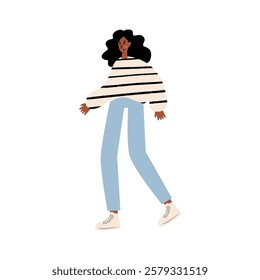 Cute vector illustration of a woman walking casually. A young woman with curly hair in a striped top and jeans strolls confidently. Relaxed and modern park activity design.