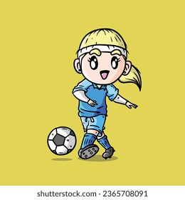 Cute Vector Illustration of Women Football player in Blue Jersey. Woman Football Player Illustration. Women Soccer Player Illustration.