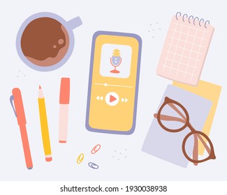 Ilustración vectorial de espacio de trabajo con smartphone. Escuchando el concepto de podcast. Radiodifusión. Podcast sobre educación en línea. Estilo de doodle de dibujos animados. Escuchando música. Programas y radio en línea