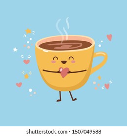 Cute vector illustration of a yellow cup of hot coffee with steam and heart in hands. Happy kawaii character with smiling face, hearts, dots, and star on blue background. Card, poster, print design.