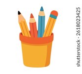 Cute vector illustration of a yellow pencil holder with four colorful pencils in cartoon style. Simple school or office stationery element on white background.
