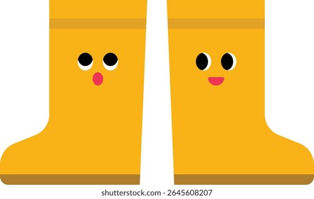 Ilustração de vetor bonito de botas de chuva amarelas com faces sorridentes. Perfeito para conteúdo infantil, projetos com temática climática, materiais educacionais ou gráficos de estação chuvosa.