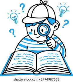 A cute vector illustration of a young boy wearing a cap, intently reading an open book with a magnifying glass, symbolizing discovery, learning, and curiosity.