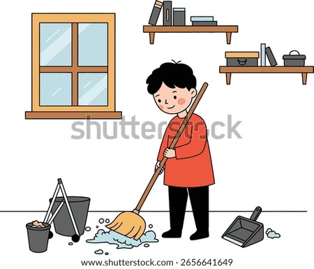 A cute vector illustration of a young boy sweeping the floor inside a room or classroom. 