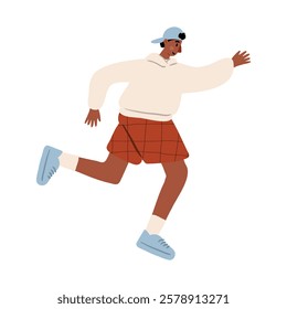 Cute vector illustration of a young man running energetically. A man in a white sweater and red shorts jogs with a playful expression. Dynamic outdoor fitness activity in a flat vector style.