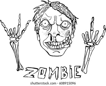 Cute Vector Illustration. Zombie. Hand Drawn Cartoon Style. Sketch. Black And White
