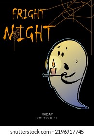 cute vector illustration,advertising,poster for halloween party with "Fright Night" lettering with cobwebs and cartoon scared ghost on black background.