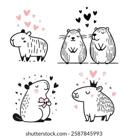 Cute vector illustrations of animals capybaras expressing love through doodle and cartoon art style