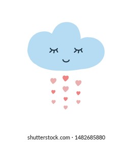 Cute vector illustrations. Blue smiling cloud with dropping hearts. Baby shower text. White background. Lovely baby shower illustration