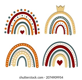 Cute vector illustrations with boho rainbows isolated on white background. Decoration of a children's room, children's invitations, posters.