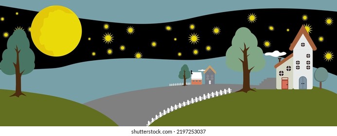 Cute vector illustrations in cartoon style with farm , house , moon and stars. Illustration for the design of banner 