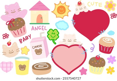 Cute vector illustrations of cat, red heart, cupcake, cookie milk box, chocolate donut, cupcake, home, clover leaf, sun, star, flowers for kitten cartoon, character, Valentine card, kid doll, pet shop