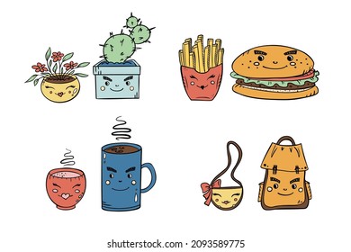 Cute vector illustrations of couples of items for valentine cards about love.