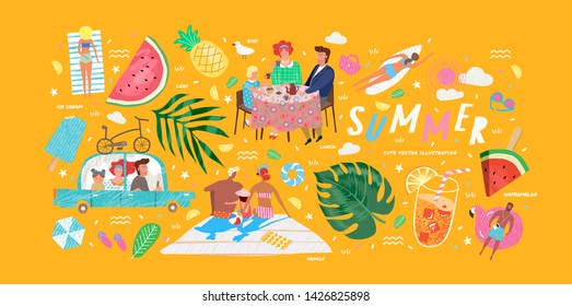 Cute vector illustrations of a family on holiday at the weekend, summer objects: leaves, ice cream, cocktails, sunbathing people on the beach, watermelon and glasses.
