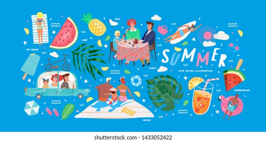 Cute Vector Illustrations Of A Family On Holiday At The Weekend, Summer Objects: Leaves, Ice Cream, Cocktails, Sunbathing People On The Beach, Watermelon And Glasses.