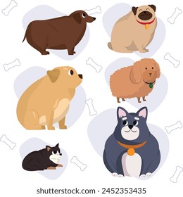 Cute vector illustrations of fat dogs. Overweight dogs. fat pets. fat dachshund. vector illustration of cute fat dogs. animal health