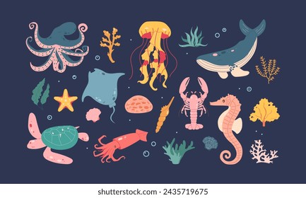 Cute vector illustrations in flat style of animals and plants of the sea or ocean. Turtle, squid, whale, jellyfish, octopus, lobster, stingray, seahorse, algae, coral