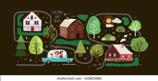 Cute vector illustrations of houses, trees, roads, clouds, sun, spruce, map and family in the car. Isolated objects for a card, poster and card
 
