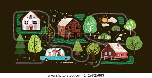 Cute vector illustrations of houses, trees,
roads, clouds, sun, spruce, map and family in the car. Isolated
objects for a card, poster and
card
 
