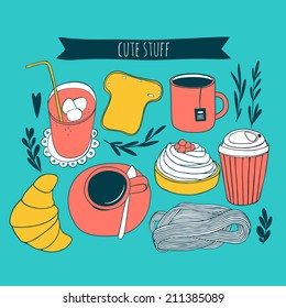 Cute vector illustrations for kitchen and cafe. Hand drawn food and drinks 