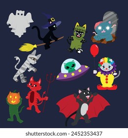 Cute vector illustrations of kittens dressed for halloween,VAMPIRE, ZOMBIE, WITCH, MUMMY, CLOWN, ALIEN, GHOST, PUMPKIN, DEVIL.