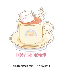 Cute Vector illustrations of a marshmallow soaking in a cup of hot chocolate. Message: Enjoy the moment