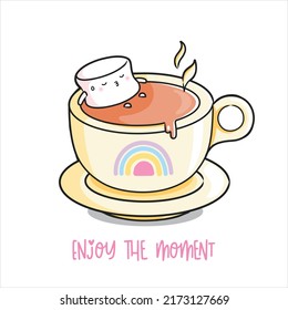 Cute Vector illustrations of a marshmallow soaking in a cup of hot chocolate. Message: Enjoy the moment