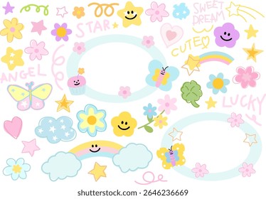 Cute vector illustrations of pastel butterfly, heart, rainbow and cloud, star, flower, clover leaf for decorations, cartoon, characters, comic, stickers, patch, nature, garden, insects, summer break