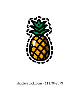 Cute vector illustrations of a pineapple. Exotic fruit on white background in doodle cartoon style suitable for stickers, fashion patches, badges, print, books, menus
