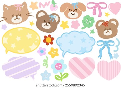 Cute vector illustrations of puppy, cat, teddy bear, ribbon, flowers, heart, clover leaf, cherry, text bubble, stars for cartoon, characters, pet shop, zoo, animals, mascot, text, message, nature