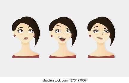 Cute vector illustrations set of beautiful young brunette hot hair girl with various emotion.