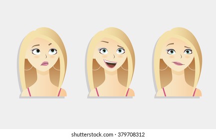 Cute vector illustrations set of beautiful young blonde hair girl with various emotion.