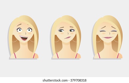 Cute vector illustrations set of beautiful young blonde hair girl with various emotion.