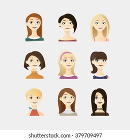  Cute vector illustrations set of beautiful young girls with different hairstyle, make up and dresses.