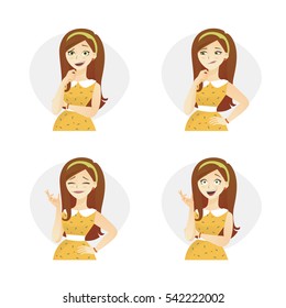 Cute vector illustrations set of beautiful young cartoon redhead girl in retro dress and hairstyle with various emotion.