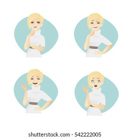 Cute vector illustrations set of beautiful cartoon young blonde hair girl with various emotion.