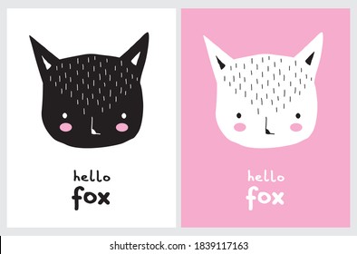 Cute Vector Illustrations Set with Hand Drawn Fox Isolated on a White and Pink Background. Funny Infantile Style Nursery Art ideal for Wall Art, Poster. Funny Black and White Fox.