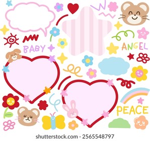 Cute vector illustrations of teddy bear, puppy, hearts, bunny, rainbow, stars for Valentine card, background, backdrop, wallpaper, sticker, text bubbles, animals, pet shop, message, decoration, easter