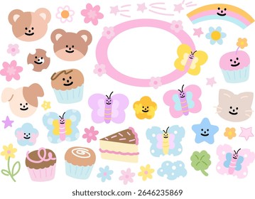 Cute vector illustrations of teddy bear, cat, puppy, butterfly, cupcake, rainbow, star, flower, clover leaf for decorations, cartoon, characters, comic, stickers, patch, brooch, birthday card, summer