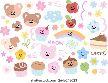 Cute vector illustrations of teddy bear, cat, puppy, butterfly, cupcake, rainbow, apple, flower, clover leaf for decorations, cartoon, characters, comic, stickers, fruit, brooch, birthday card, summer