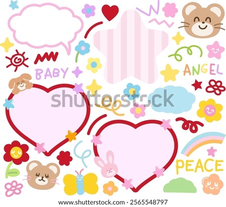 Cute vector illustrations of teddy bear, puppy, hearts, bunny, rainbow, stars for Valentine card, background, backdrop, wallpaper, sticker, text bubbles, animals, pet shop, message, decoration, easter