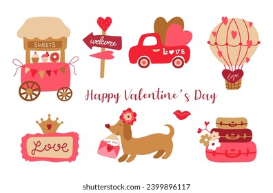 Cute vector illustrations for Valentine's Day.Candy stand car ,balloon, heart ,dog with letter ,suitcases