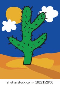 Cute Vector Ilustration with Big Green Cactus Isolated on a Blue Background. Sweet Nursery Art with Funny Hand Drawn Cacti, White Clouds, Blue Sky and Yellow Sun.
