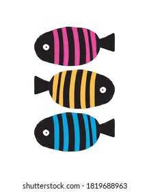 Cute Vector Ilustration with Black Fishes Isolated on a White Background. Sweet Nursery Art with Funny Hand Drawn Striped Fishes. 