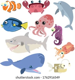 cute vector image of 10 types of sea creatures :dory,crab,whale,dolphin,octopus,sea horse,shark,squid,angler fish and clown fish