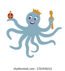 Cute vector image of baby octopus wearing a crown and holding sceptre and orb with his tentacles. Joyful and funny illustration in soft pastel colours, Perfect cartoonish design element for children.