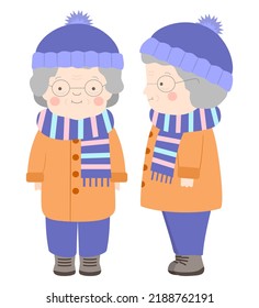 Imagen vectorial de una abuela que lleva ropa de invierno (beanie, abrigo y botas)