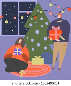 a cute vector image of a happy couple on the Christmas or New Year eve with presents, colorful lights and a decorated tree on the violet background