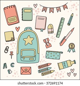 Cute vector image with school stationery icons in vintage colors: notebook, backpack, pencil, crayon, pin, ruler, banner, etc.