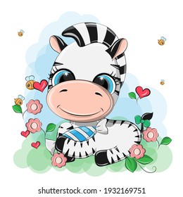 Cute vector image of a zebra in a flower meadow. A funny animal is resting in the meadow and smiling sweetly. Clip art of a cute zebra holding a candy in its paws.